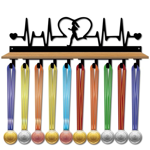 CREATCABIN Run Medal Trophy Display Shelf Heart Medal Hanger Display Shelf with Density Board Tray Wall Mount Hold 70+Medals Holder Hanger Metal Medal Organizer Rack for Running Awards 15.7x6x3.5Inch