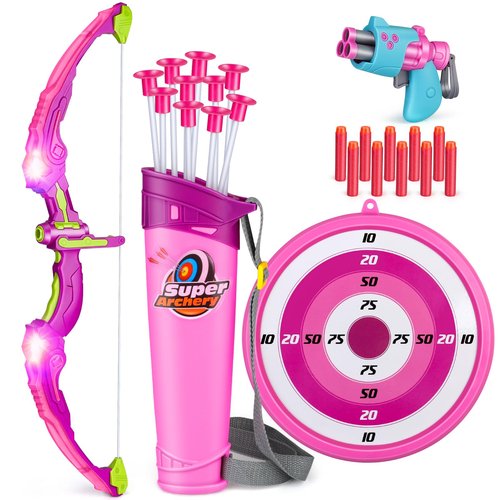 OWNONE 1 Kids Bow and Arrow Set for Girls with 10 Suction Cup Arrows, 2 in 1 Girls Archery Toy Set with LED Light - Birthday Gift Toy for Girls Ages 4 5 6 7 8 9 10+ Years Old