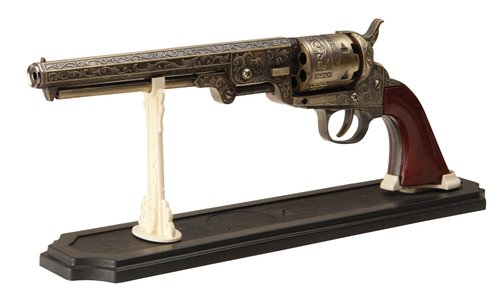 Outlaw Revolver Replica with Stand | 6 1/2" Stainless Steel Barrel | Wooden Grip | Includes Display Stand | Authentic Replica