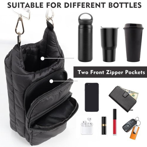 Water Bottle Holder with Strap Water Bottle Carrier Bag with Strap Quilted Puffer Hydrobag Sling Purse Crossbody Bags for Women Walking Hiking Cycling