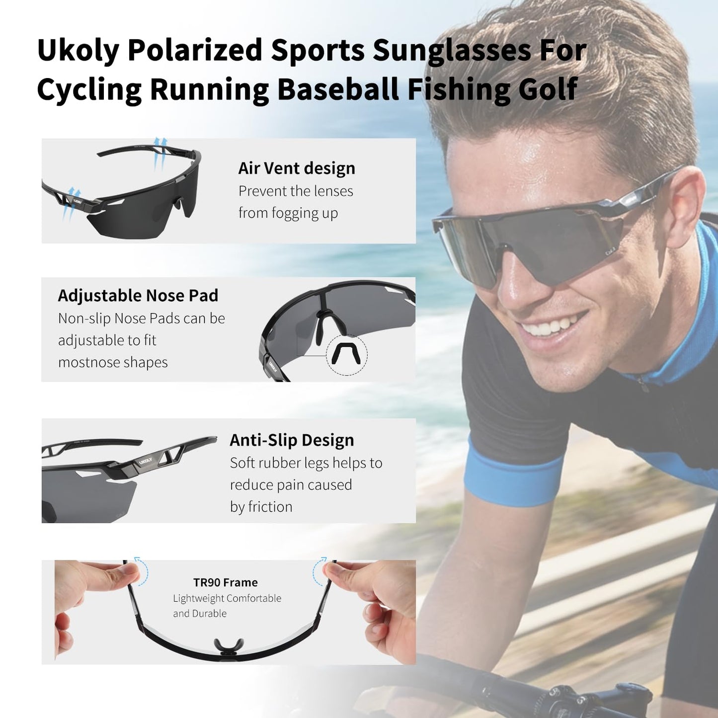 Ukoly Polarized Sport Sunglasses for Men Women,UV400 Protection HD Lens
