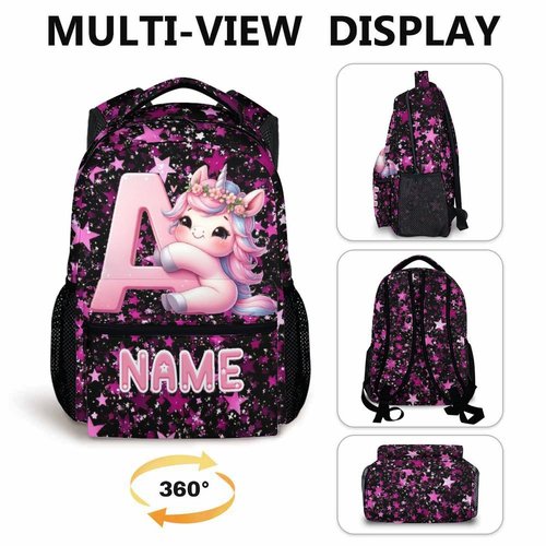 Kids Backpack, Custom Cute Unicorn Bookbag for Girls 6-8, Initial Gift for Birthday, 17 Inch Leisure Monogram Backpack for School Preschool Elementary Kindergarten