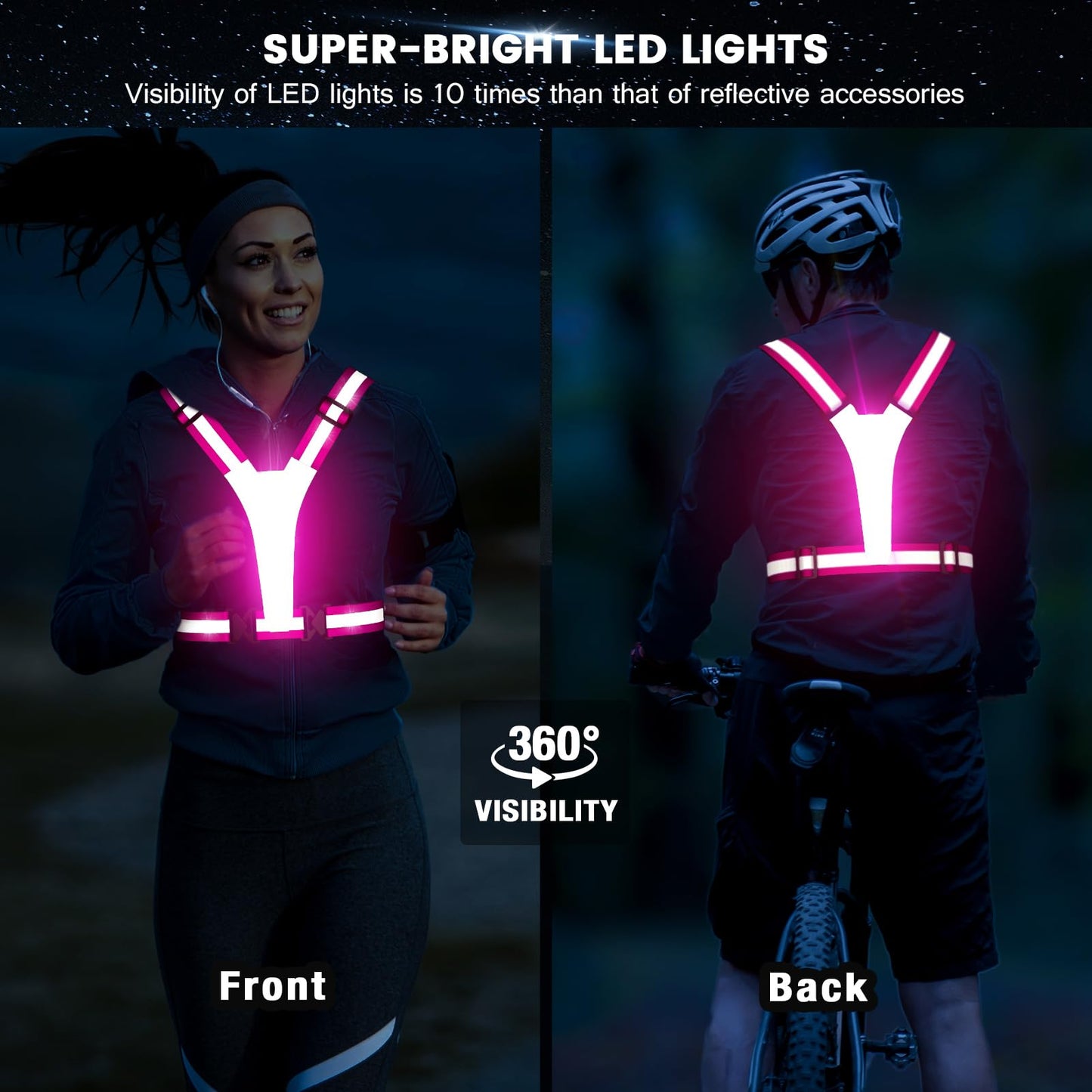 Fokia Kunbio LED Reflective Running Vest Gear,Light Up Vest Runners Night Walking USB Rechargeable,Up to 11hrs Light with Adjustable Waist/Shoulder for Women Men Kids (Pink)