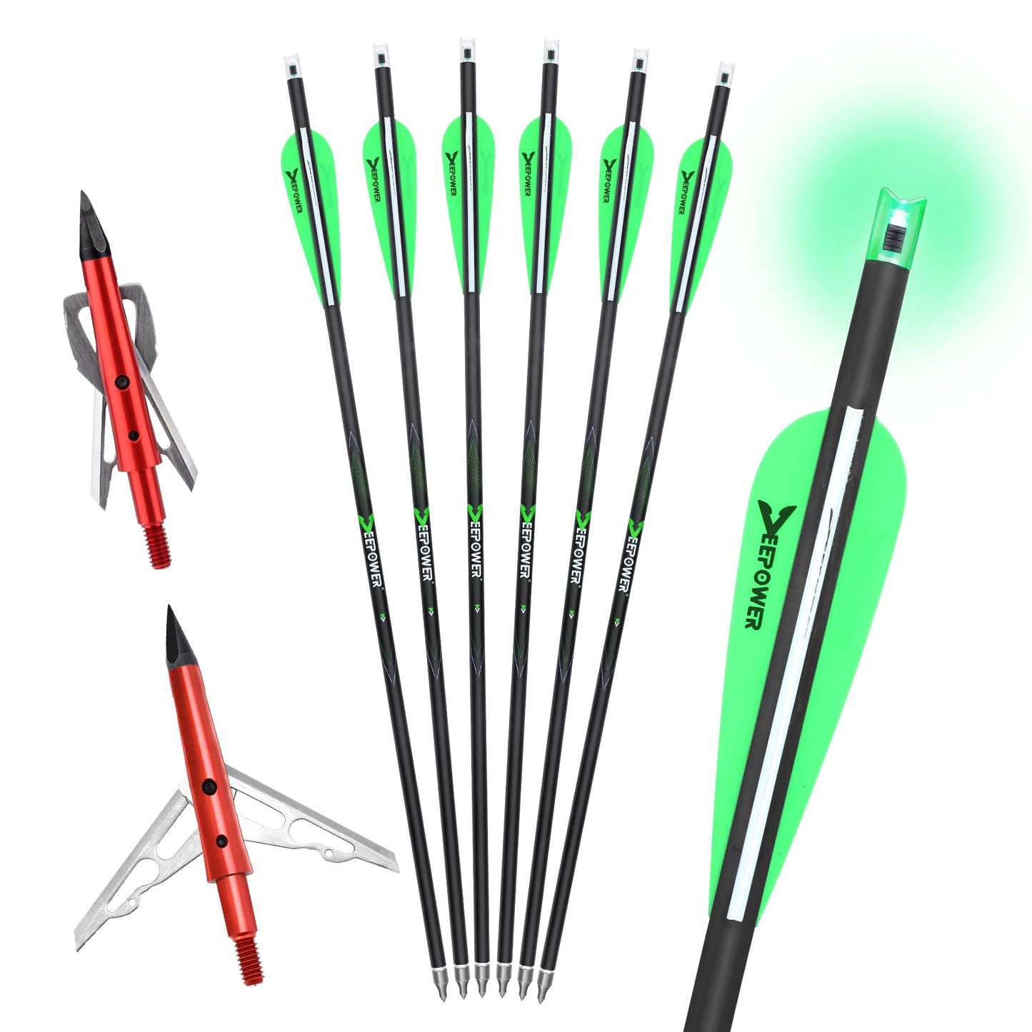 DEEPOWER 20 inch Crossbow Bolts with 7.2mm Lighted Nocks and 2 Blade Mechanical Broadheads Carbon Arrows for Hunting and Pratice