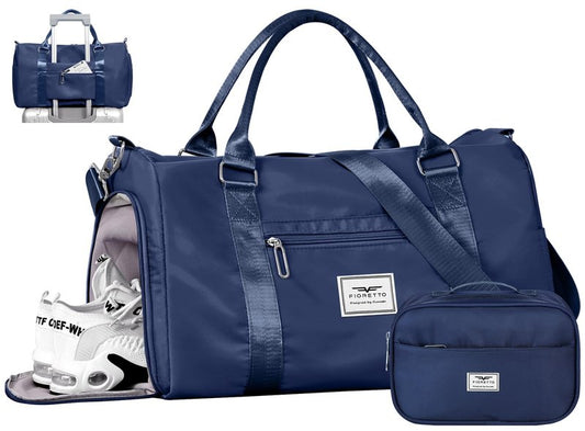 FIORETTO Womens Gym Tote Duffle Bag with Toiletry Bag, Sports Duffel Overnight Hospital Workout Carry on Bag for Girls with Wet Pocket & Shoe Compartment, Ideal for Travel, Swimming, Dance Navy Blue