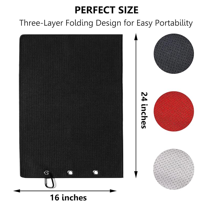 Variation: Black Grey Red - 3 Pack Large Golf Towels 16x24 Microfiber Waffle Towels with Carabiner Clip