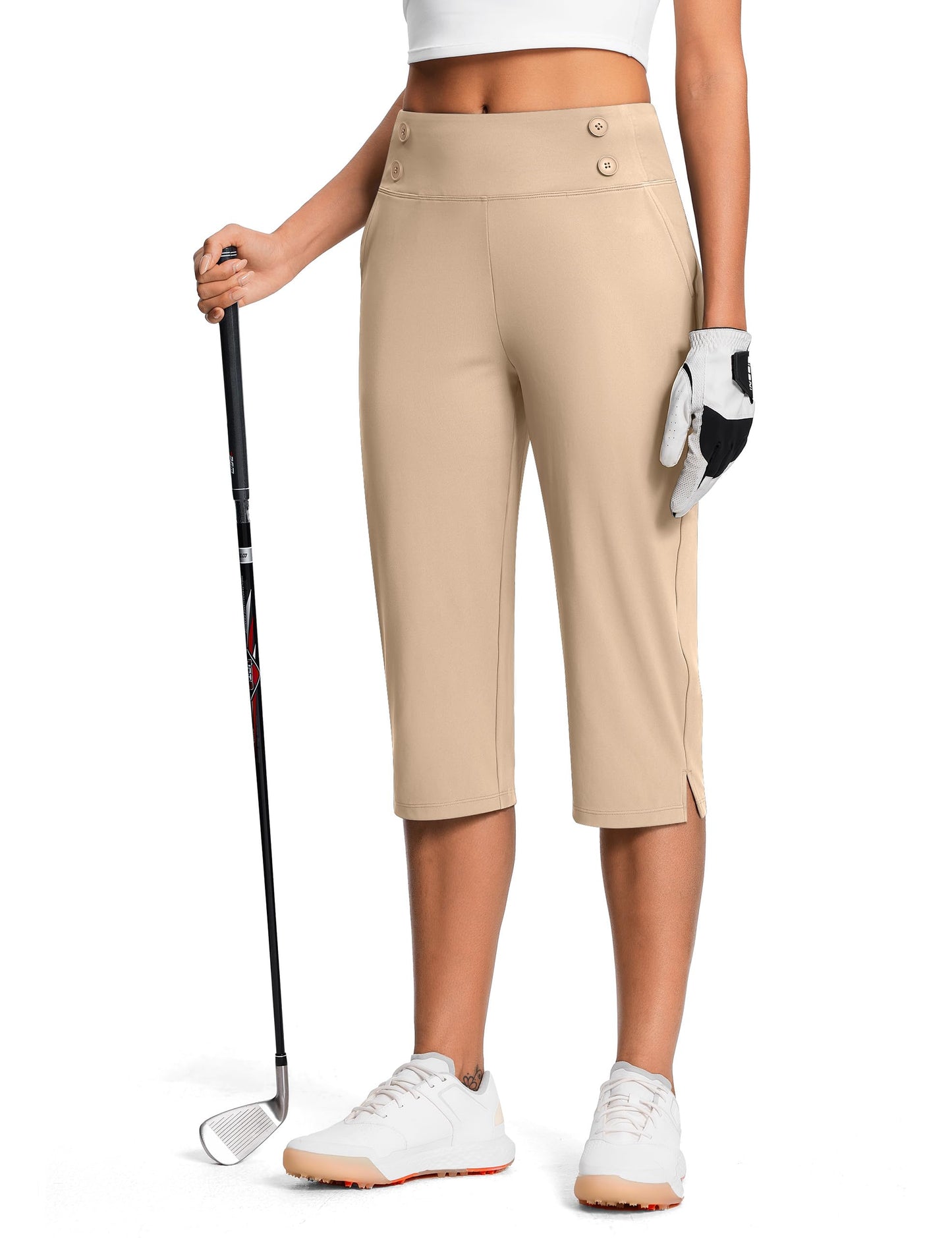 ISEEGZ 18" Dressy Capri Pants for Women High Waist Stretch Womens Golf Capris Pants for Summer with Pockets Work Casual Khaki