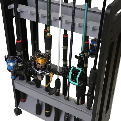 JOYWAVE Fishing Rod Holder,Fishing Pole Holders for Garage,Plastic Fishing Rod Rack,16-Slots,Portable Wheels