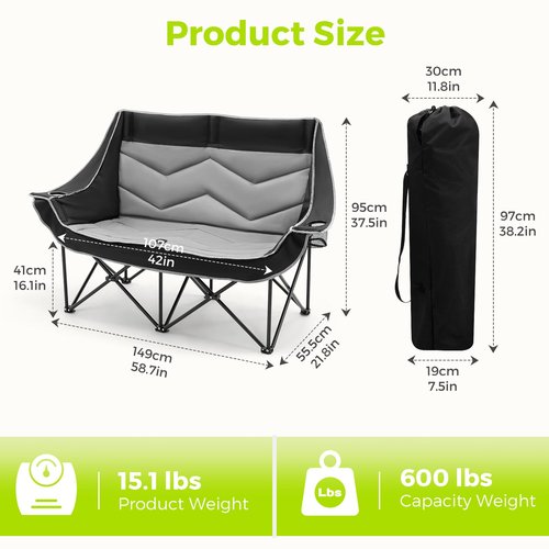 Dovov Outdoor Oversized Folding Double Camping Chair for Adults Heavy-Duty Fully Padded Portable Camping Couch Loveseat with 2 Cup Holders Support 600 lbs for Beach, Lawn, Backyard, Campsites, Patio