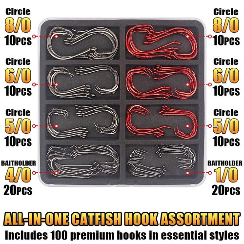 Catfish Hook Set Offset Octopus Circle & Baitholder Hooks 100-Pack Assorted Sizes 8/0 to 2/0 –Fishing Accessories (Catfish Hook Set -100 Pack Assorted)
