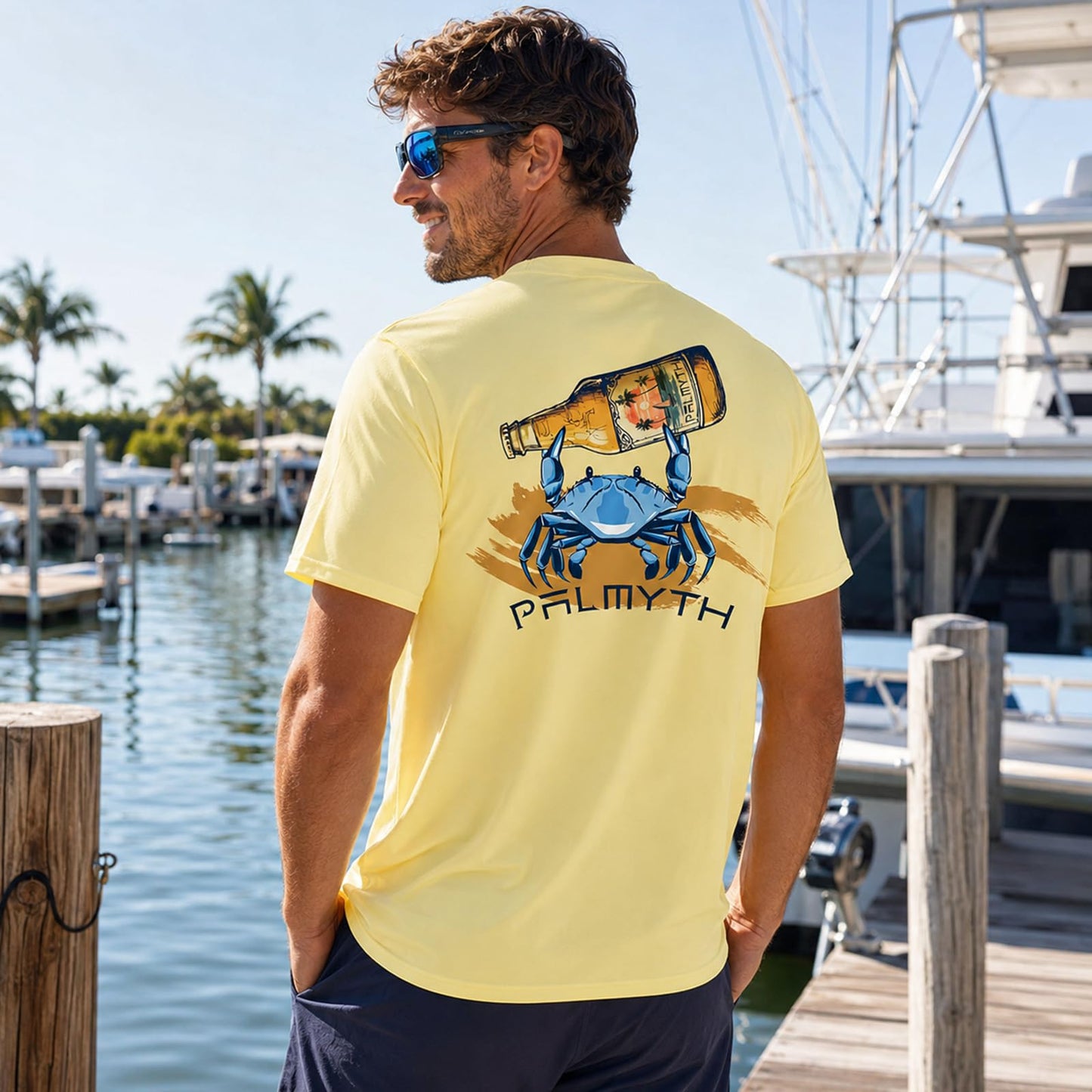Palmyth Men's Fishing Shirt Short Sleeve Sun Protection UV UPF 50+ SPF T-Shirt (Yellow/Crab, XL)