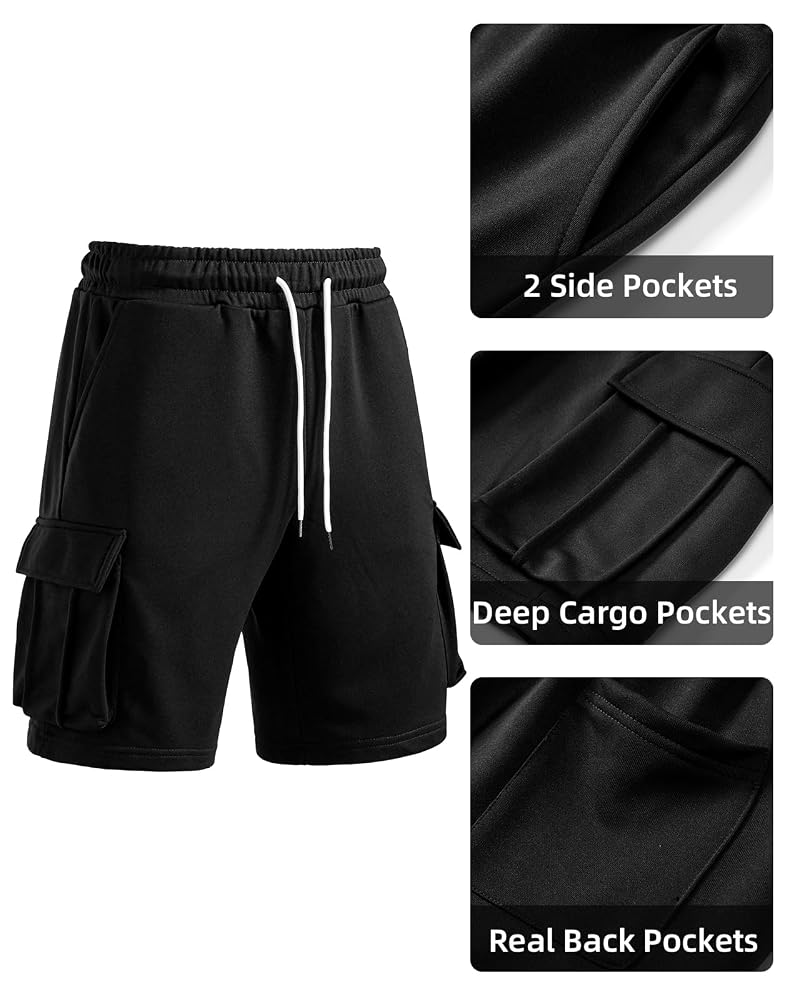 A Waterwang Men's Cargo Sweat Shorts - Black, Large | Lightweight, 4-Pocket Jogger