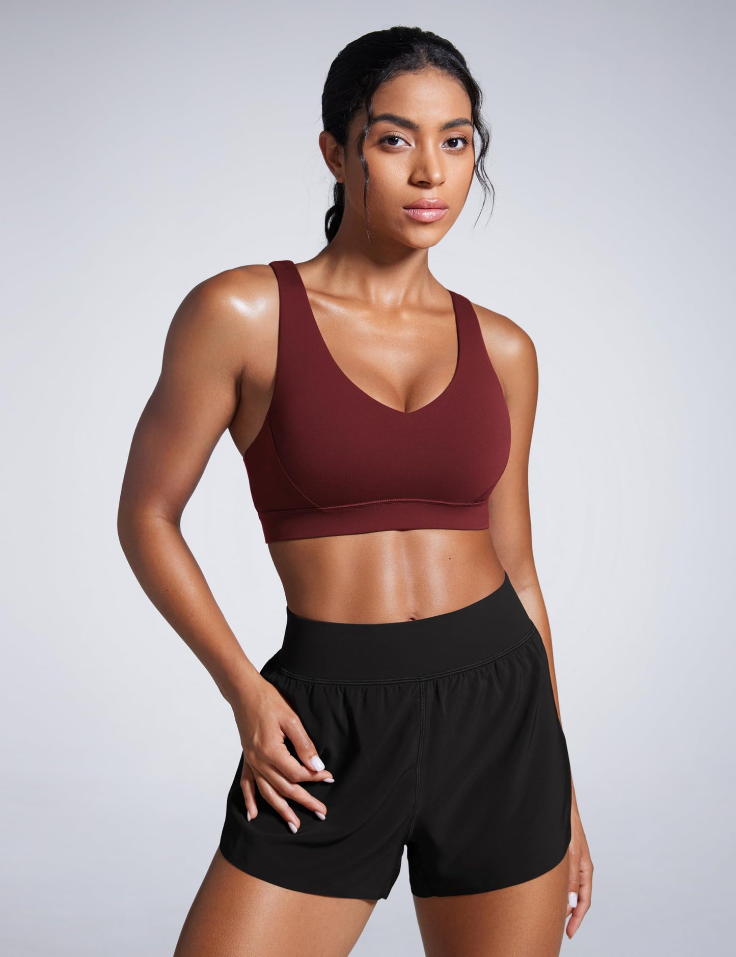 CRZ YOGA Butterbreeze Criss Cross Back Sports Bras for Women - V Neck Adjustable Straps Padded Workout Training Crop Top Red Merlot Medium