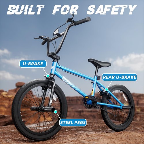 67i Boys BMX Bike 8-12 Years 18"/20" | 4 Steel Pegs, U-Brakes, Adjustable Seat & Hi-Ten Steel Frame | Lightweight 2.35" Tires for Park & Street Riding (20'' (with Pegs), Blue)