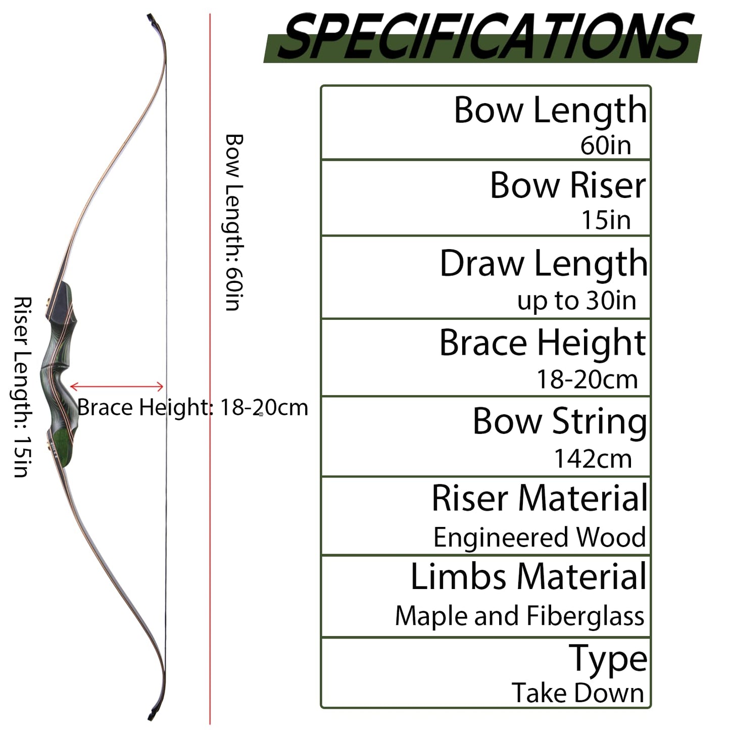 GQT Archery 60" Recurve Bow and Arrow Set for Adults, 30-50lbs Right Hand Wooden Hunting Bow for Outdoor, Hunting and Practice, Standard Target Archery Beginner Recurve Bow and Arrows Kit (50lbs)