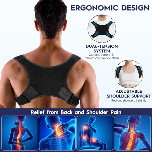 Back Brace Posture Corrector for Men and Women - Bionic System Newly Adjustable Upper Back Support Shoulder Posture Brace, Back Straightener Neck Pain Relief Black 7-004-1