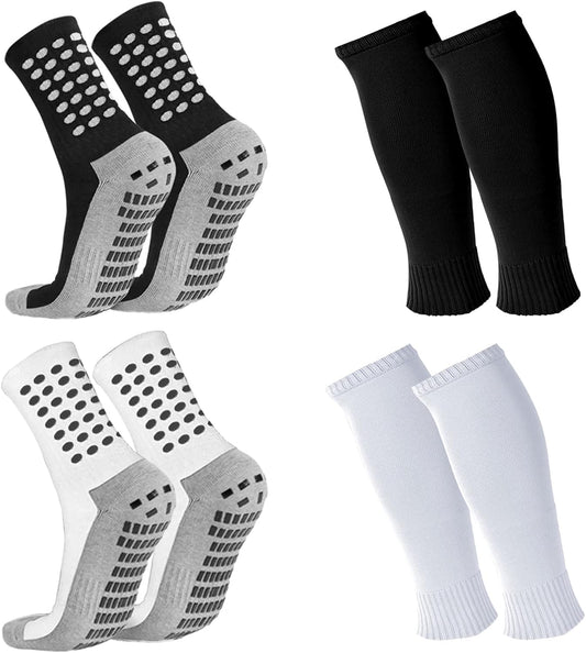 2 Set Kids Grip Soccer Socks with Shin Guard Sleeves Non Slip Soccer Leg Sleeve Socks for Boys Girls