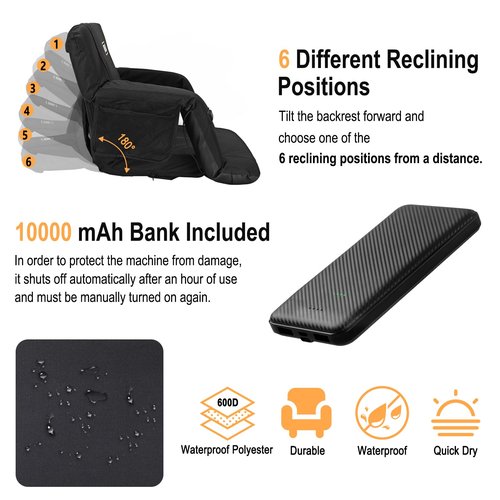 MZQLN Heated Massage Stadium Seats Pack of 2, 25 Inche Folding Bleacher Chair with 10000mAh Portable Power*2, 3 Levels of Heat&Massage, 6 Reclining Positions for Camping, Sports
