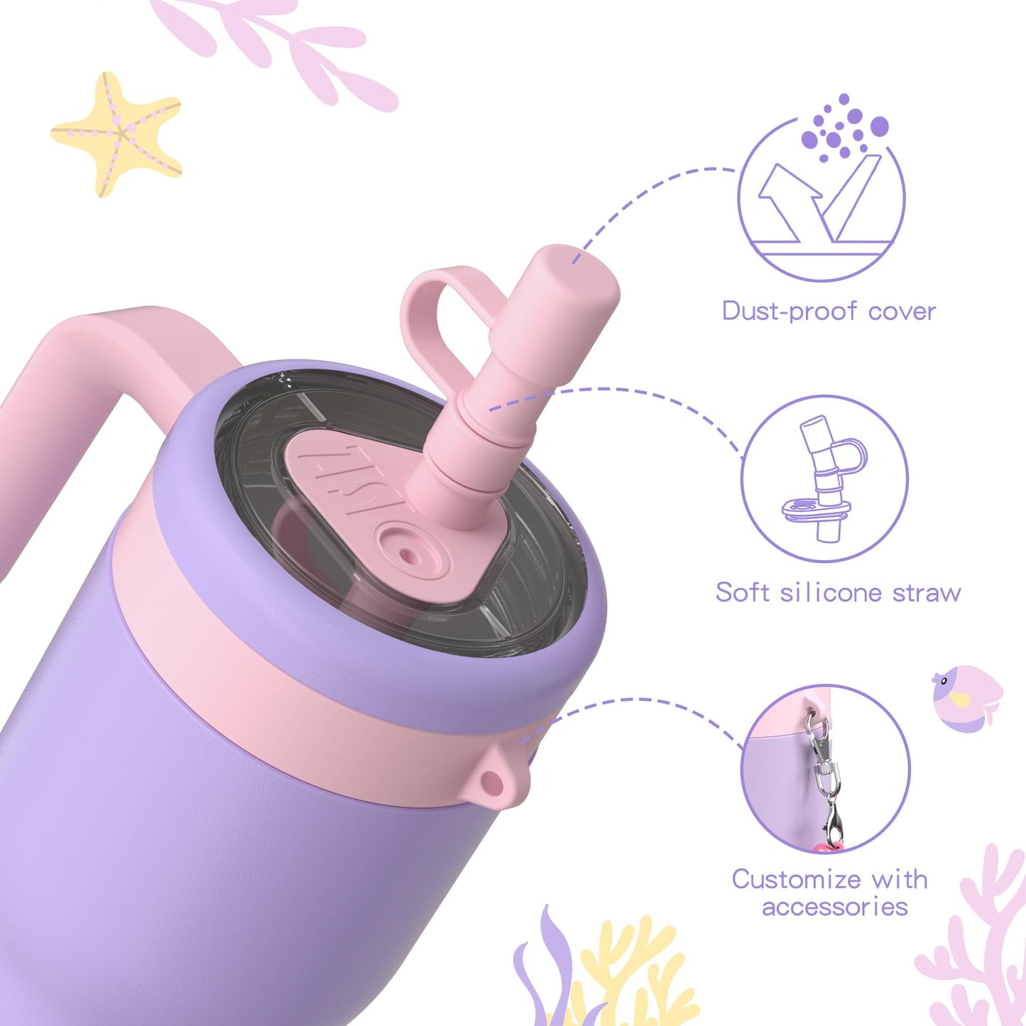 OISIZ 14oz Kids Tumbler with Straw Lid & Handle,Kids Cup with Animal Accessory for School,Kids Water Bottles with Dust-proof Cover,Leakproof Water Bottles,316 Stainless Steel,Keep Cold 24 Hours-purple