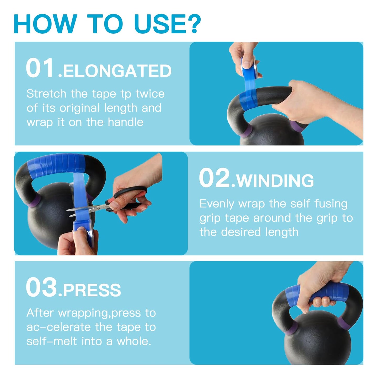 AIKESIWAY Self-Fusing Silicone Tape - No Adhesive Grip Tape for Bike Handlebar, Fishing Pole, Pull-Up Bar, Bicycle (Blue, 5 FT)