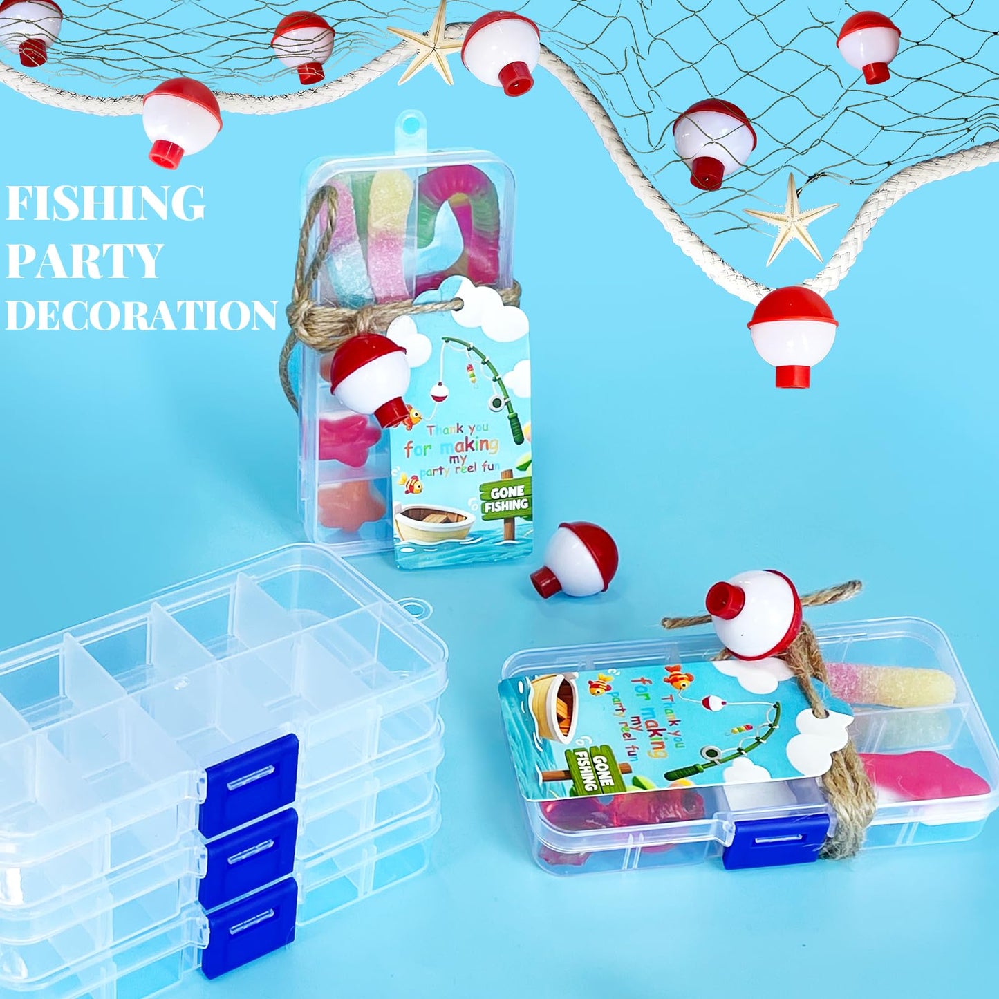 24 Sets Fishing Party Favor, Mini Tackle Boxes for Party Favor for Fishing Birthday Party Decorations with 24 Mini Candy Tackle Box, Fishing Bobber and Thank You Cards Fishing Themed Party