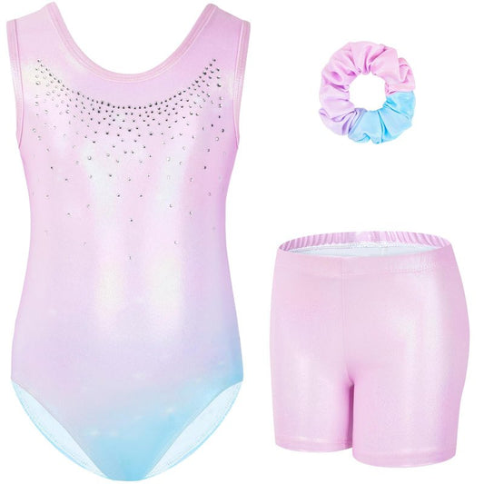 Gogokids Gymnastics Leotards for Girls Sparkly Rhinestone Dance Unitards Biketards with Shorts Activewear, Light Pink, 6-7 Years