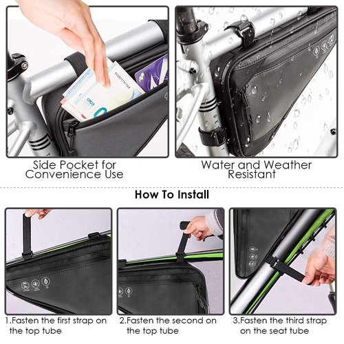 WOTOW Bike Frame Storage Bag, Water Resistant Reflective Bicycle Triangle Bag with Two Side Pockets, Strap-On Under Seat Tool Accessories Pouch for Mountain Road Bike Trip (2L)