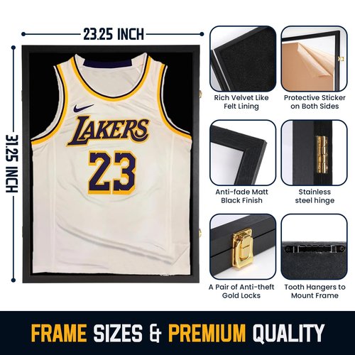 Jersey Wooden Frame Display Case -Shadow Box with 98% UV Protection Acrylic and Hanger for L or XL Baseball Basketball Football Hockey Sport Shirt and Uniform Gifts for Men (Black, 1 Pack)
