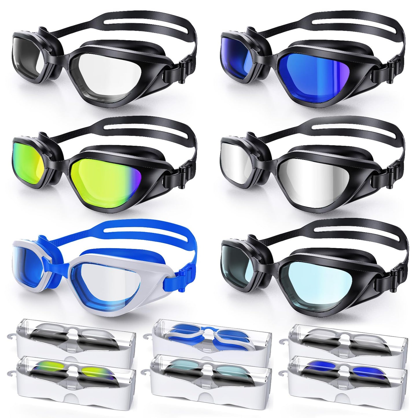 Vegemono Swim Goggles, 6 Pack Unisex Adult Swimming Goggles Upgraded Anti-Fog Anti UV No Leakage Wide View for Men Women Youth