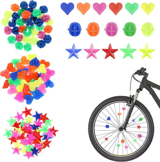 216 Pcs Bike Wheel Spokes Beads, Colorful Plastic Clip Beads Bicycle Spoke Decorations Glow in The Dark, Star, Heart, Ball Shapes Bike Wheel Decorations Bicycle Spokes Accessories