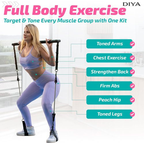 DIYA Pilates Bar Kit with Resistance Bands - Stretched Pilates Bar for Women & Men, 140 lbs Equipment for Legs, Hips, Waist, Arms, Back - Travel Friendly Adjustable Home Gym Kit for Full Body Workouts