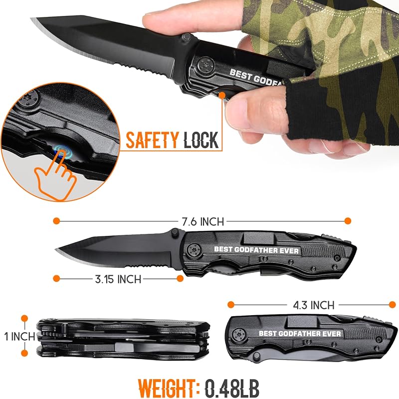Godfather Multitool Knife 20-in-1 with Engraved Best Godfather Ever - Black
