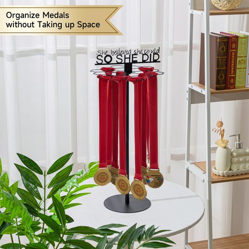 Honeydak Rotatable Medal Hangers Display Tabletop Metal Medal Holder Rack with Adjustable Height Holds 45+ Medals with Motivational Words Race Marathon Sports Gong Hanger Display