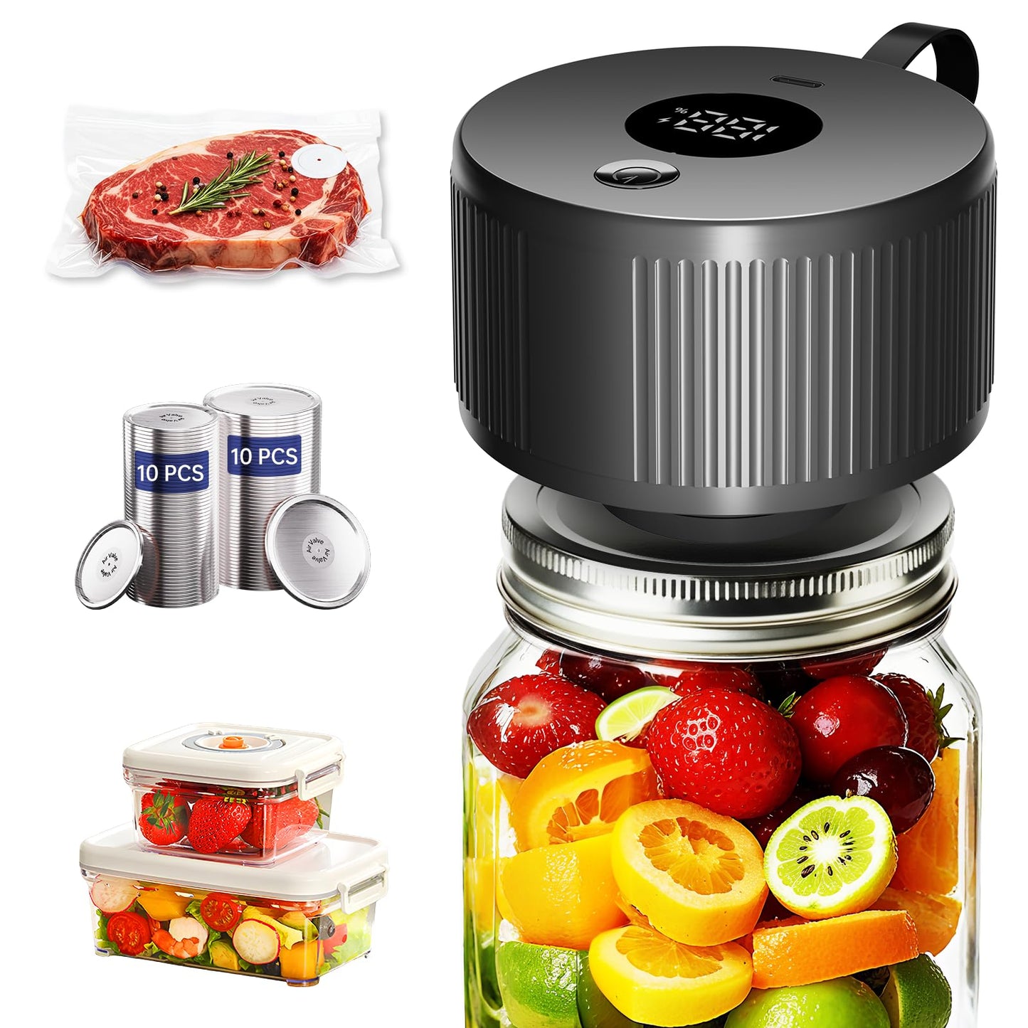 Electric Mason Jar Vacuum Sealer Kit, 3-in-1 Handheld Automatic Vacuum Sealer for Mason Jars, Food Savers & Containers | Ideal for Canning Jams, Pickles, Dry Foods, Grains | Present for Mom, Black