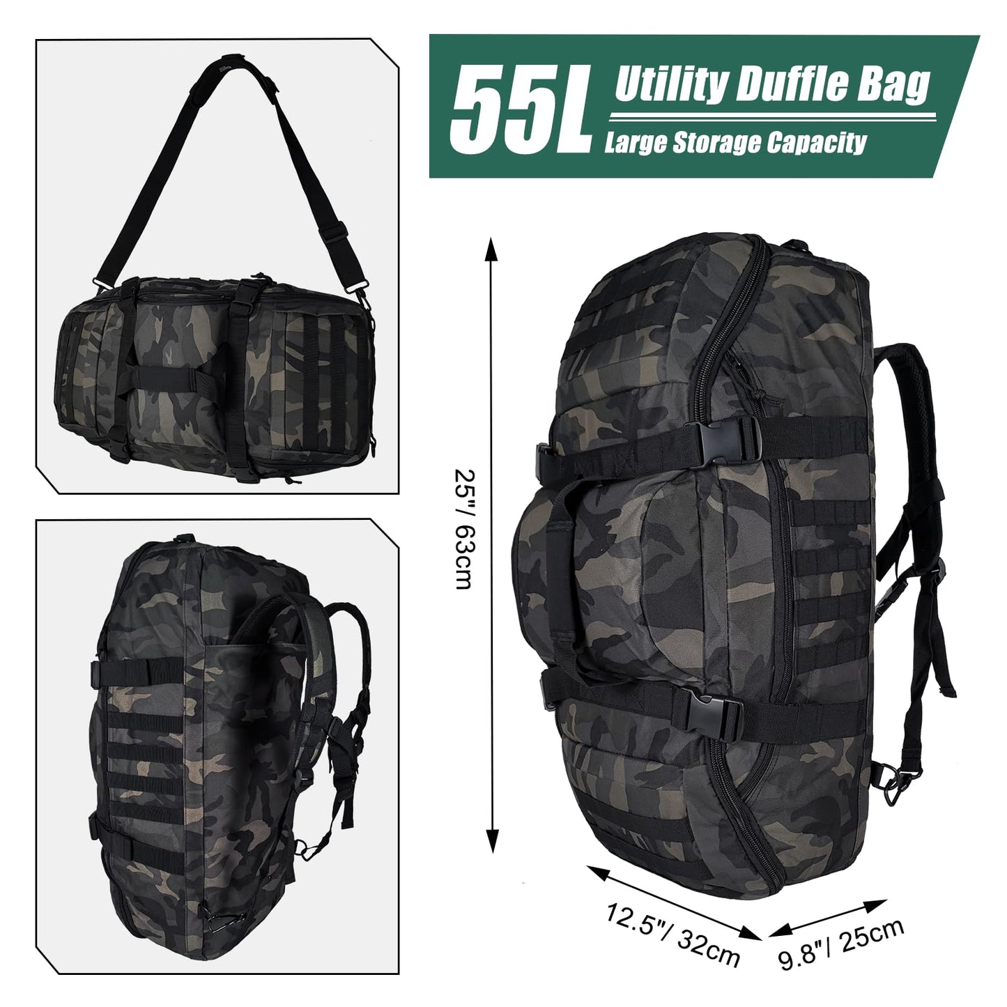 Hannibal Tactical 55L Large Duffle Bag, 3-in-1 Tactical Backpack MOLLE Pack for Gym, Sports, Outdoor, Black Camo