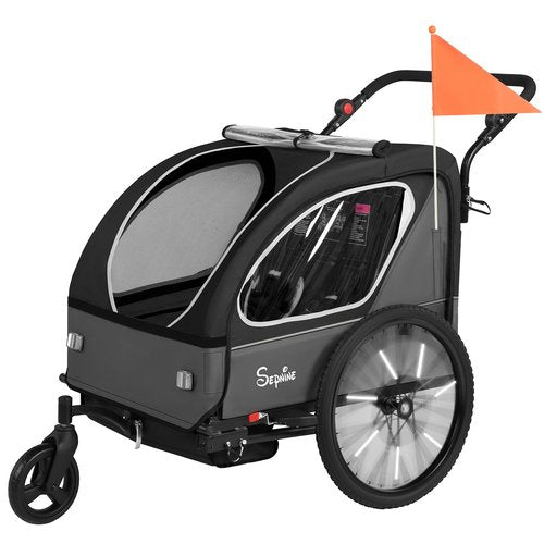 Sepnine Kids Bike Trailer, 2 in1 Canopy Carrier Converts to Pushcart Suitable for 1 to 2 Toddlers, Kids, Quick Attach to Bike, Foldable, with 5-Point Harness and Storage Bags