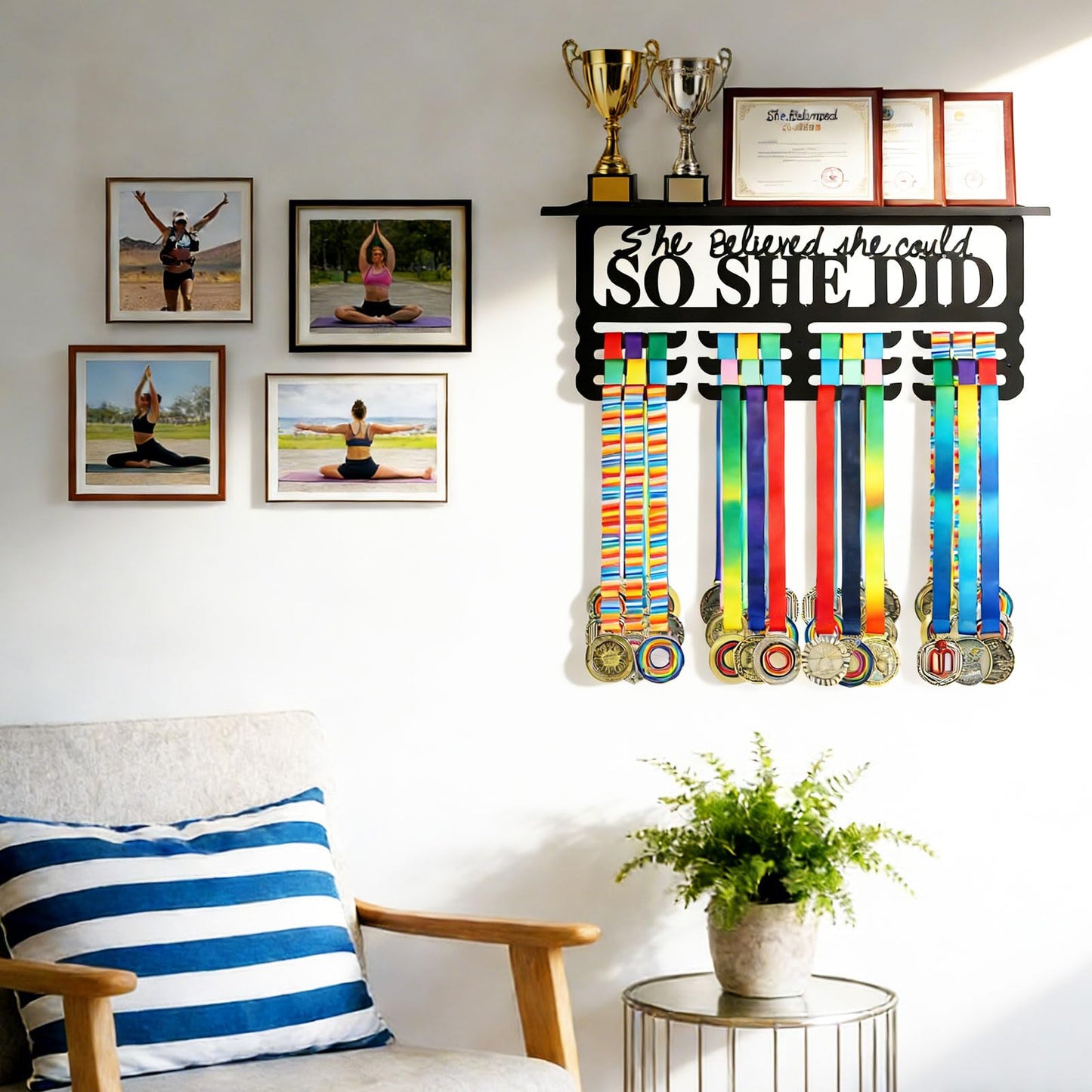 Monlyey Medal Hanger Display with Trophy Shelf - Metal Awards Rack for Walls Holds 60+ Sports Medals, Medal Holder Awards Trophy Display