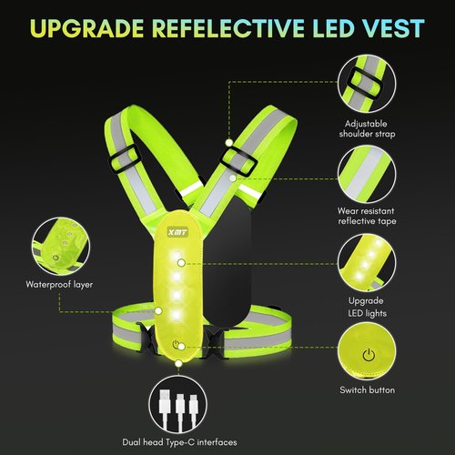 XMT Reflective Running Vest 2PC, High Visibility Rechargeable Adjustable Led Vest with Adjustable Waist and Shoulder, LED Cycling Gear