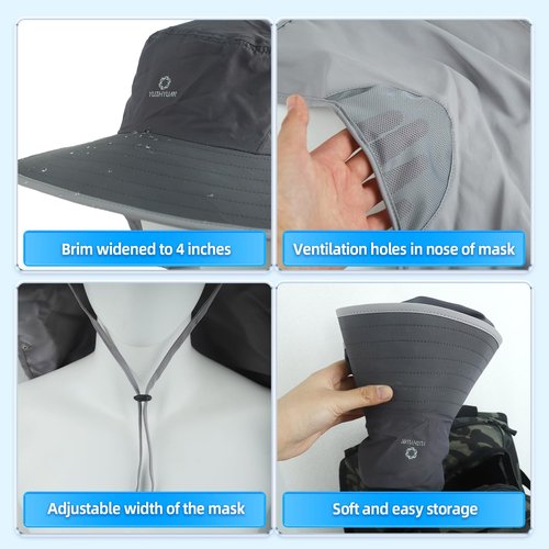 yuzhiyuan Sun Hat UPF 50+, Wide Brim & Face Neck Flap Fishing Hat for Men Women, Summer Outdoor Hat Adjustable, UV Protection Hat Sweat-Wicking Band & Windproof Design Dark Gray