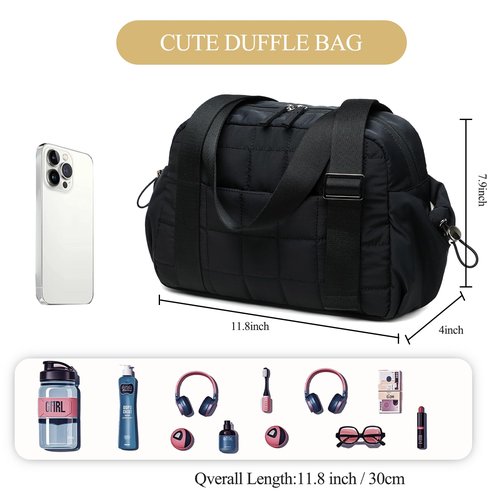CAMTOP Mini Gym Bag for Women Girls, Small Gym Tote Bag Puffy Quilted Sports Duffel Bag with Wet Compartment and Coin Purse Duffel Bags Dance Yoga Workout Bag (Black)