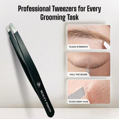 Beauty Power Ultra-Precision Professional Slant Tweezers for Women Facial Hair - German Stainless Steel, Lightweight Black Tweezers for Women & Men, Ideal for Eyebrow & Facial Grooming (Matte Black)