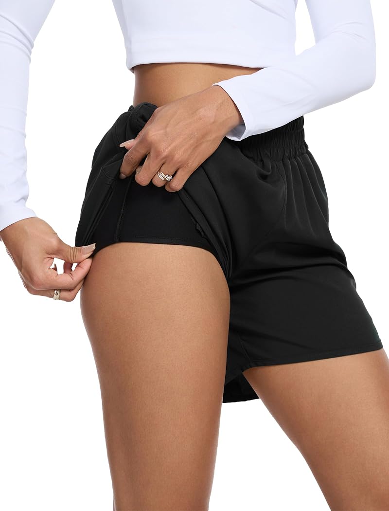 5" Women's Running Shorts with Liner & Zipper Pockets - A-Black XL