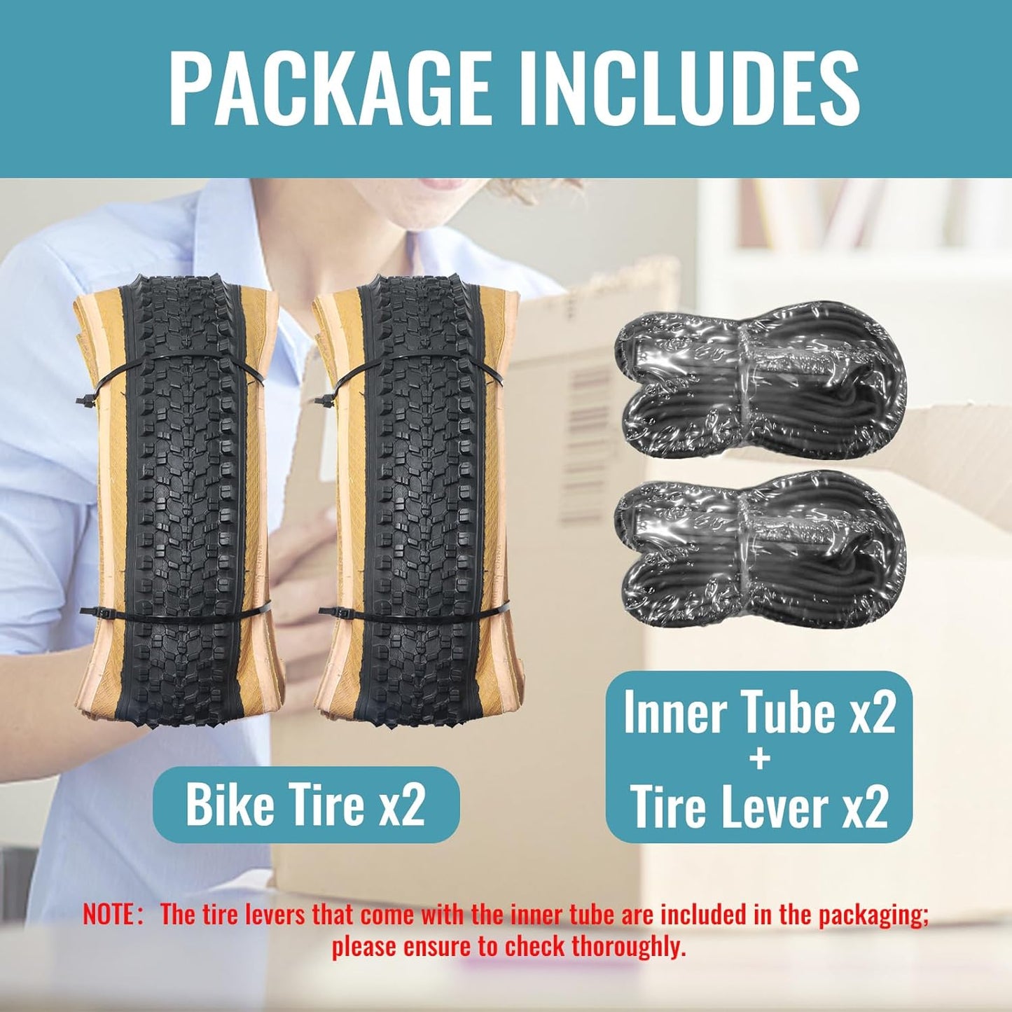 Hycline 2-Pack Mountain Bike Tires Set: 20/24/26/27.5-inch Folding Replacement Puncture-Resistant Bicycle Tires and Pair 20/24/26/27.5-inch Inner Tubes with Tire Levers for MTB Off-Road Bike