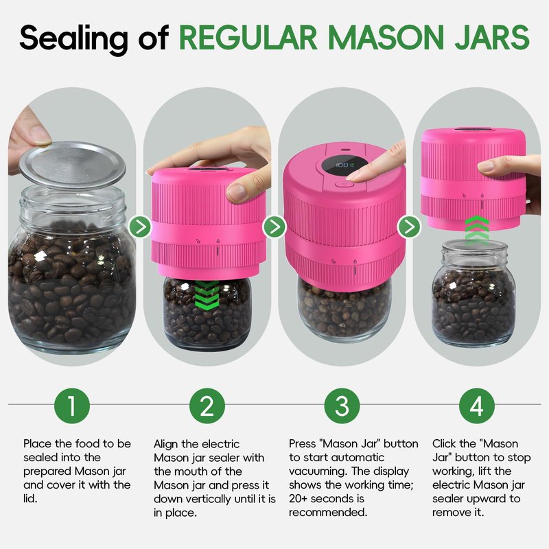 Mason Jar Vacuum Sealer Kit, Electric Sealer for Wide and Regular Mouth Mason Lids, Canning Vacuum Sealer Mason Jar, Automatic Vacuum Sealer Machine for Food Storage - Rose Red