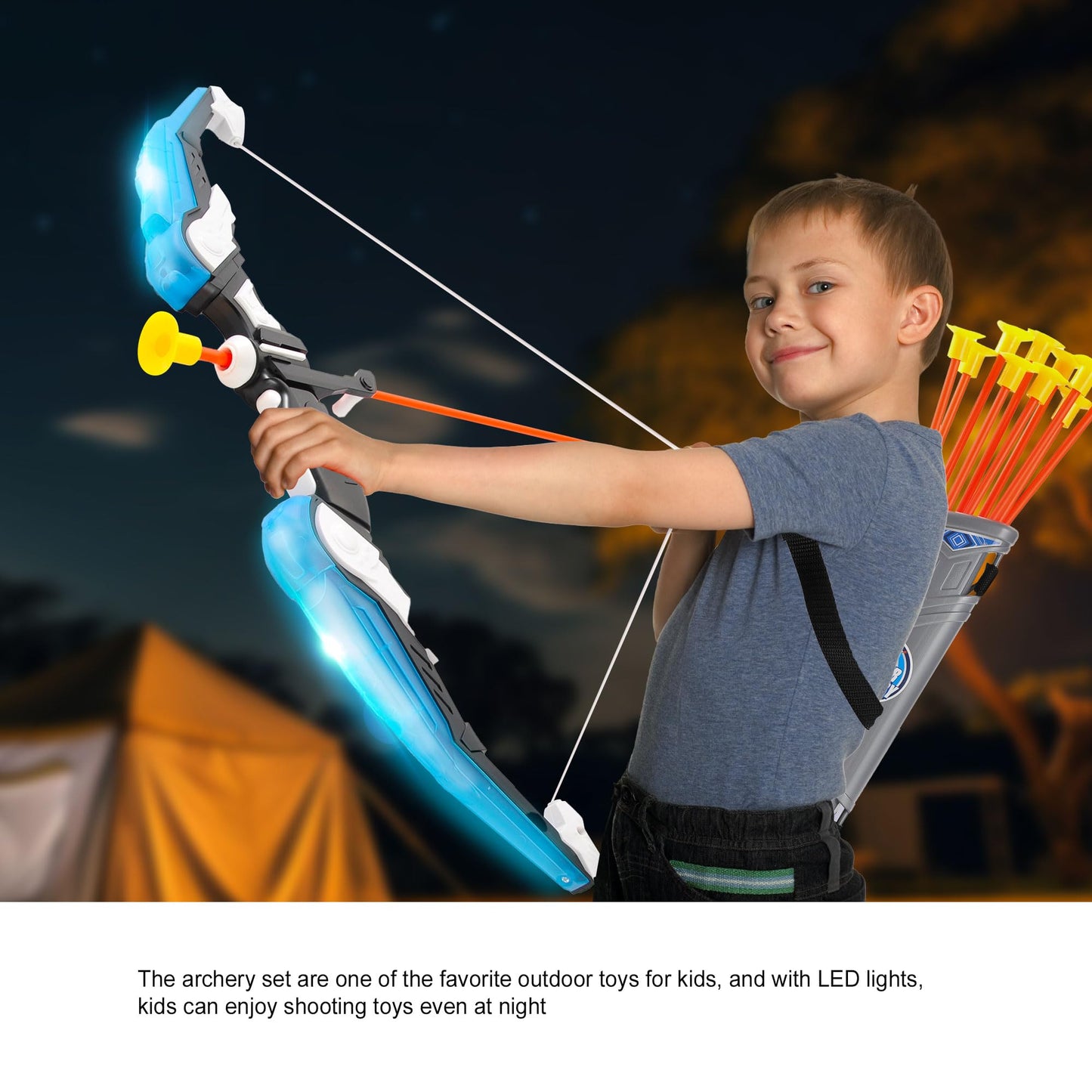 PowerTRC Kids Bow and Arrow Set, Bow and Arrow Set for Kids 8-12 – Kids Archery Set with Target Practice LED Light Up with 10 Suction Cup Arrows & Quiver Outdoor Play Toys (Blue)