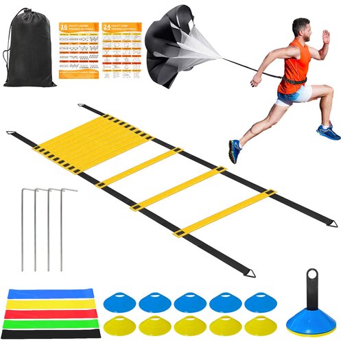 Panykoo Speed Agility Training Equipment Set - 20ft Agility Ladder, 10 Disc Cones, Resistance Parachute, 5 Resistance Bands & Carry Bag | Football Soccer Basketball Fitness Drills for Kids Adults