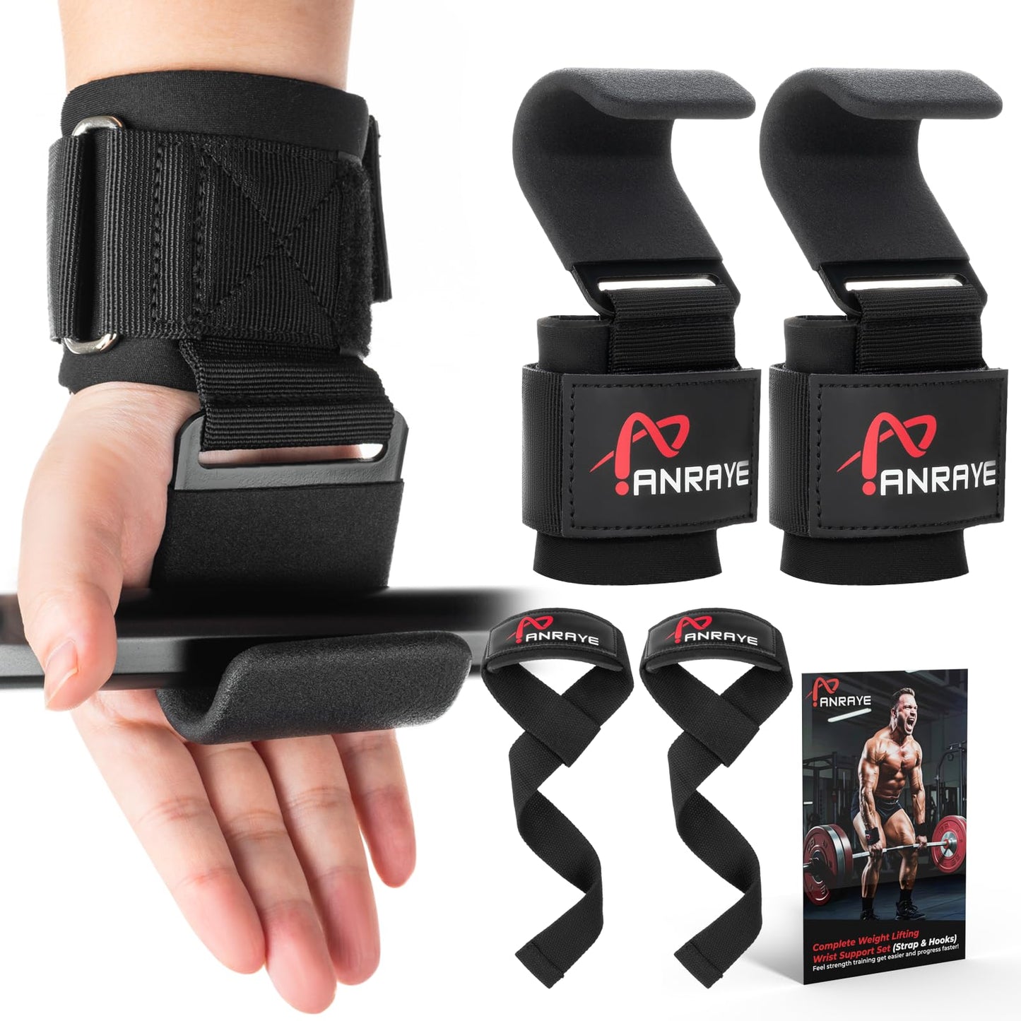 Weight Lifting Hooks & Wrist Straps Set – Lifting Hooks with Anti-Slip Grip, Adjustable Wrist Wraps for Weightlifting, Deadlifts, Powerlifting, Gym Straps for Men and Women