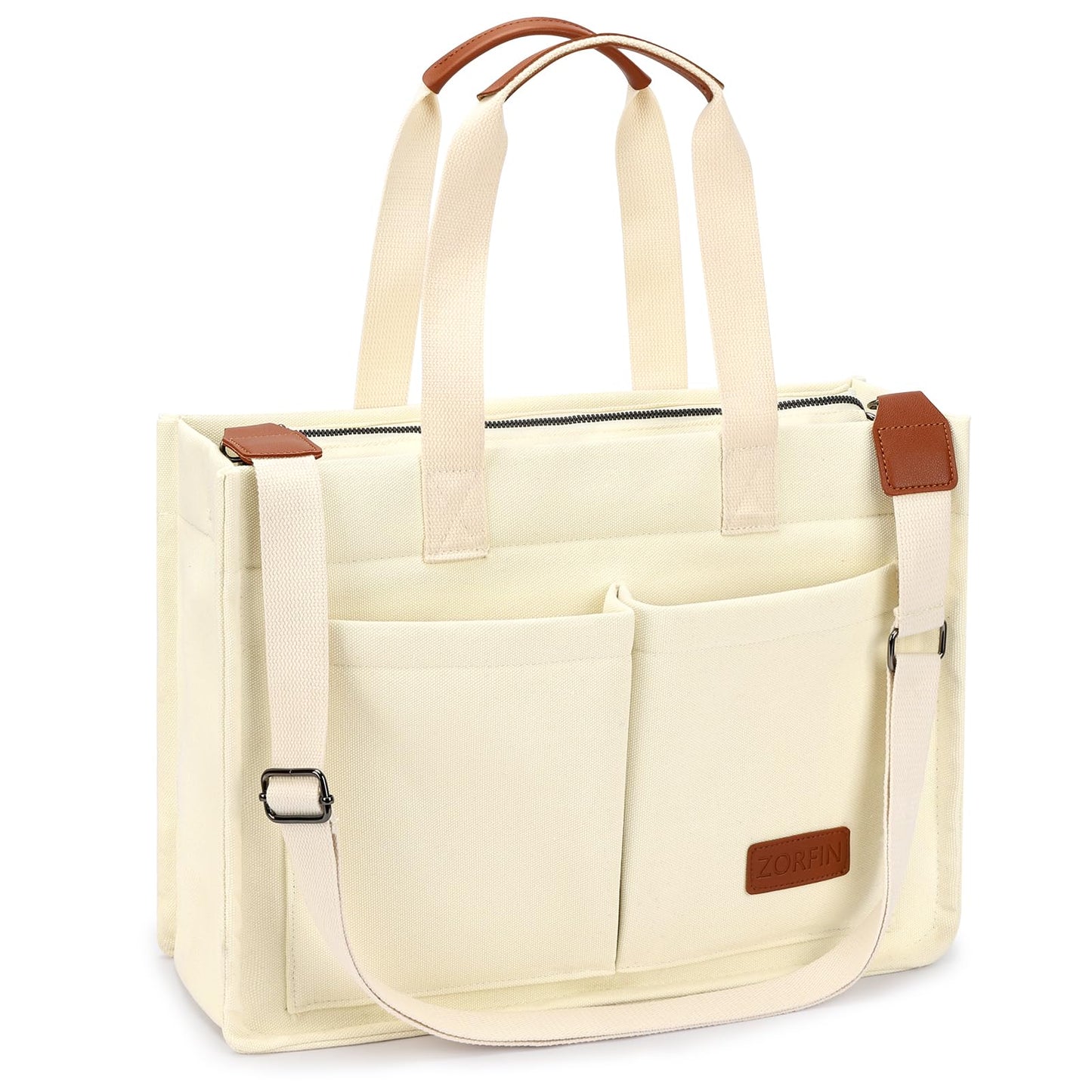 ZORFIN Canvas Tote Bag for Women with Zipper and Compartments Crossbody Work Laptop Bag for Travel College Office, Beige