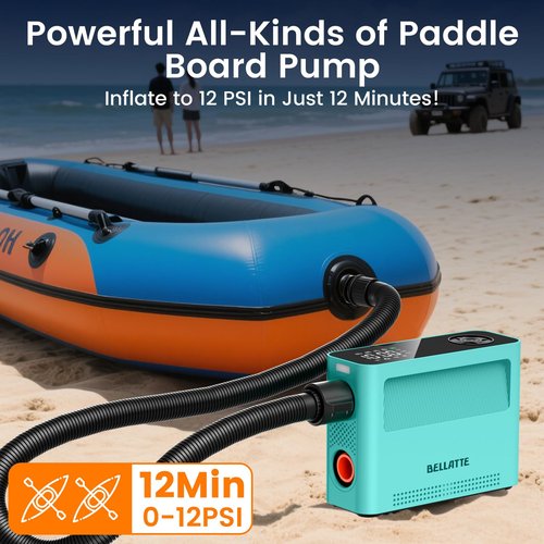 Bellatte Electric Paddle Board Pump 150PSI - 4X Faster SUP Pump, Auto Air Compressor for SUP, Car Tires, Bike, Ball, Kayak, Tent, Float (Portable & All-in-One)