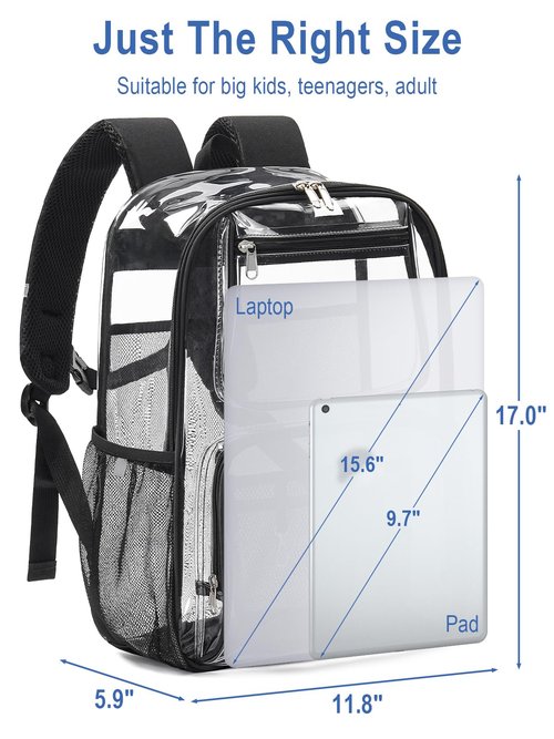 QOECI Heavy Duty Clear Backpack For Women Men Boys Girls, 17 Inch Large See Through Backpack, 360° 3M Reflective Strips Clear Bookbag, Transparent Bag For College Sport Work Travel Security, Black